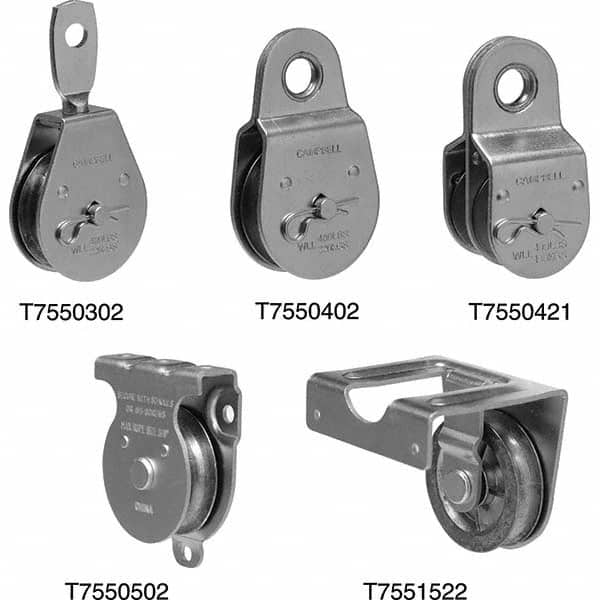 Campbell - Blocks & Pulleys; Type: Swivel Eye Pulley ; Rope Type: Wire ; Sheave Style: Single ; Rope Diameter (Inch): 3/8 ; Sheave Outside Diameter (Inch): 2-1/2 ; Load Capacity (Lb.): 550 - Exact Industrial Supply