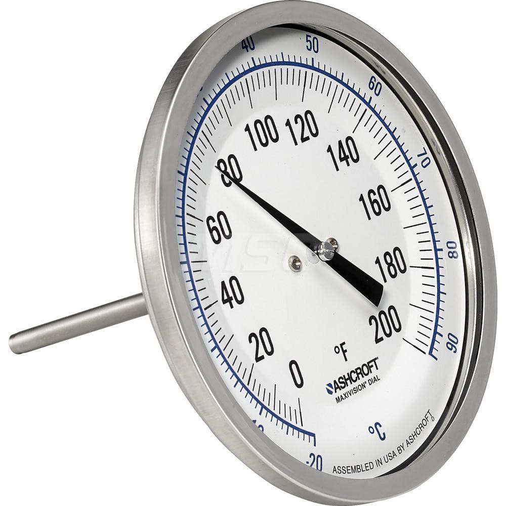 Bimetal & Dial Thermometers; Type: Bi-Metal Thermometer; Mount: Back Connected; Stem Length (Inch): 2-1/2; Dial Diameter: 5; Minimum Temperature (F): 0.000; Minimum Temperature (C): -20.00; Maximum Temperature (F): 200.000; Maximum Temperature (C): 93.00;