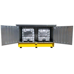 IBC Storage Lockers; Type: IBC Hard Top; Number of Totes: 2; Sump Capacity (Gal.): 370.00; Height (Inch): 76; Length (Inch): 57; Material: Steel; Load Capacity (Lb.): 12250.000; Color: Gray/Yellow