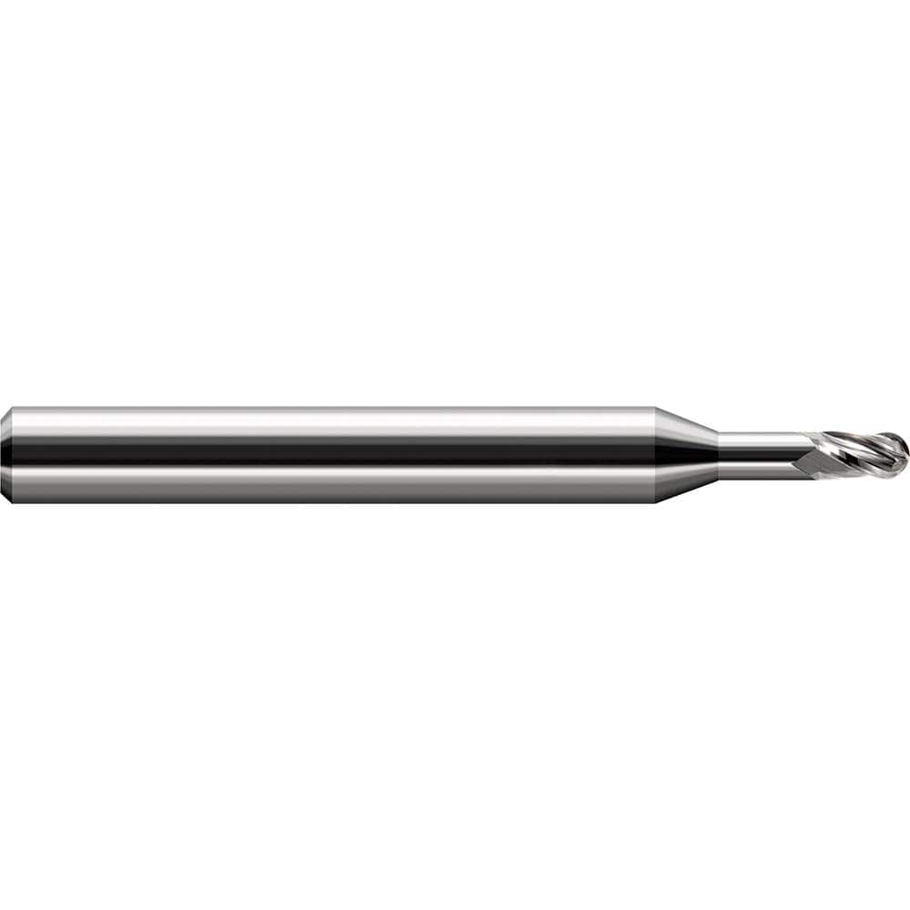 Ball End Mill: 0.015″ Dia, 0.023″ LOC, 3 Flute, Solid Carbide 2-1/2″ OAL, 1/8″ Shank Dia, 30 ° Helix, Uncoated, Single End