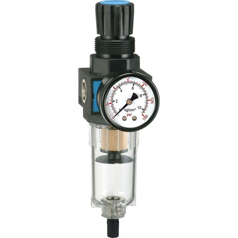 FRL Combination Unit: 1/4 NPT, Miniature with Pressure Gauge 68.5 SCFM, 145 Max psi, Polycarbonate Bowl, Semi-Automatic Drain