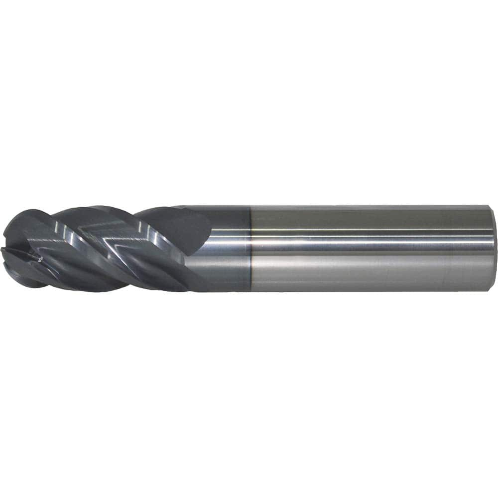 Ball End Mill: 0.125″ Dia, 0.5″ LOC, 4 Flute, Solid Carbide 1-1/2″ OAL, 1/8″ Shank Dia, 40 ° Helix, AlTiN Coated, Single End