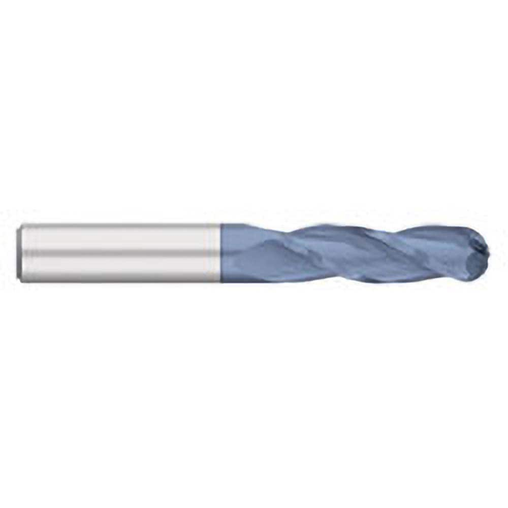 Ball End Mill: 0.25″ Dia, 1″ LOC, 3 Flute, Solid Carbide 4″ OAL, 1/4″ Shank Dia, 30 ° Helix, AlTiN Coated, Single End