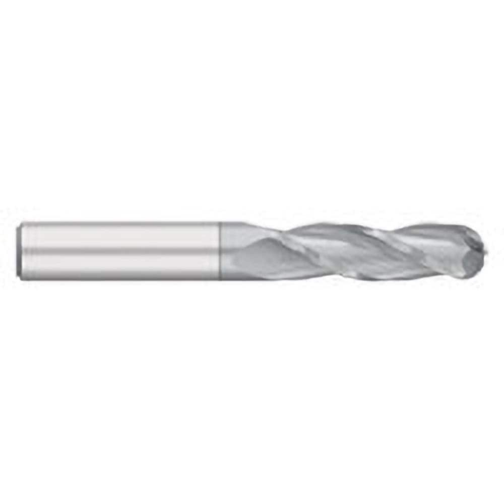 Ball End Mill: 0.5″ Dia, 1″ LOC, 3 Flute, Solid Carbide 4″ OAL, 1/2″ Shank Dia, 30 ° Helix, TiCN Coated, Single End