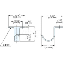 All-Purpose & Utility Hooks; Overall Length (Inch): 1; Overall Length (mm): 41.8000; Finish/Coating: Satin; Maximum Load Capacity: 17.60; Width (Inch): 1-9/32; Additional Information: Projection: 13 mm; Minimum Order Quantity: 304 Stainless Steel; Distanc