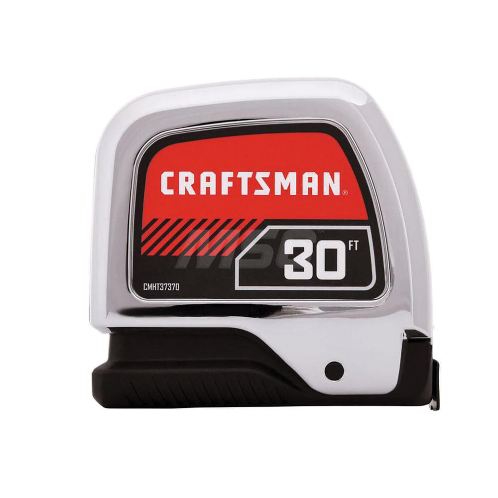 Tape Measure: 30' Long, 1″ Width, White Blade 1/16″ Graduation, Black & Red Case