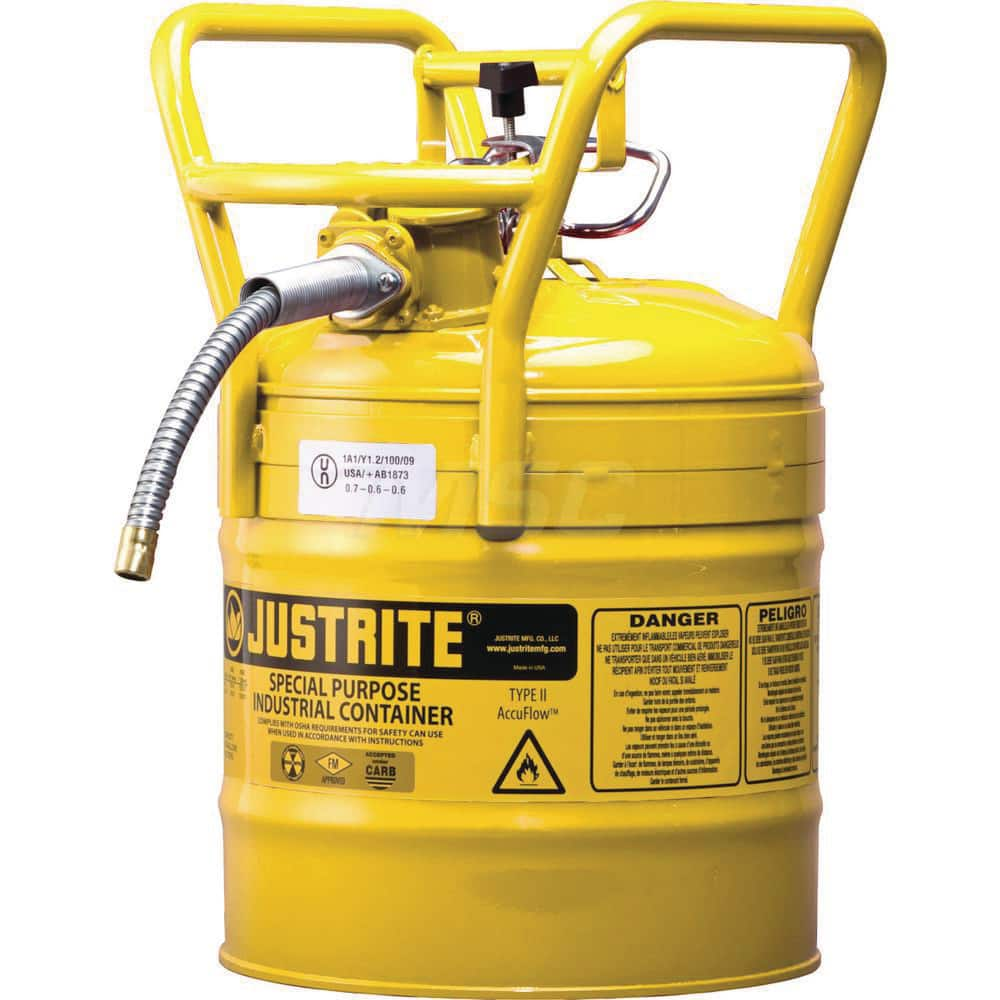 Justrite - Safety Dispensing Cans; Capacity: 5 Gal. ; Material: Steel ; Color: Yellow ; Height (Decimal Inch): 18.520000 ; Diameter/Length (mm): 11.75 ; Approval Listing/Regulations: FM Approved; DOT; UN - Exact Industrial Supply