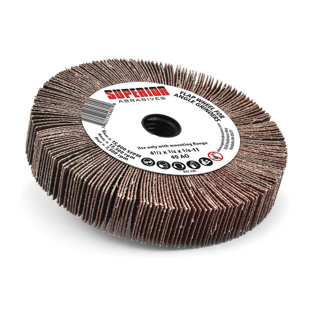 Superior Abrasives - Mounted Flap Wheels; Abrasive Type: Coated ; Outside Diameter (Inch): 4-1/2 ; Face Width (Inch): 3/4 ; Abrasive Material: Aluminum Oxide ; Grit: 120 ; Mounting Type: Arbor - Exact Industrial Supply