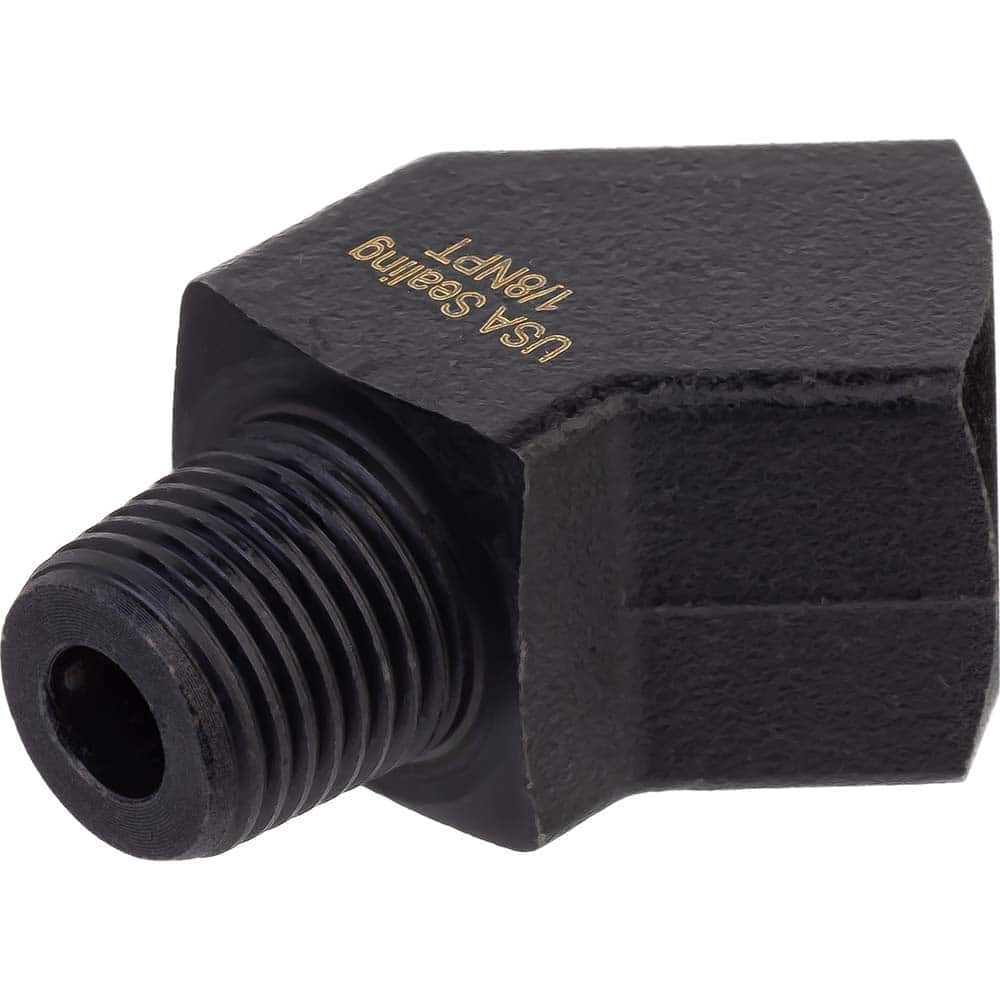 USA Sealing - Brass & Chrome Pipe Fittings; Type: 45 Elbow ; Fitting Size: 3/8 x 3/8 ; End Connections: FNPTF x MNPTF ; Material: Brass ; Pressure Rating (psi): 1000 ; Finish/Coating: Black Zinc - Exact Industrial Supply