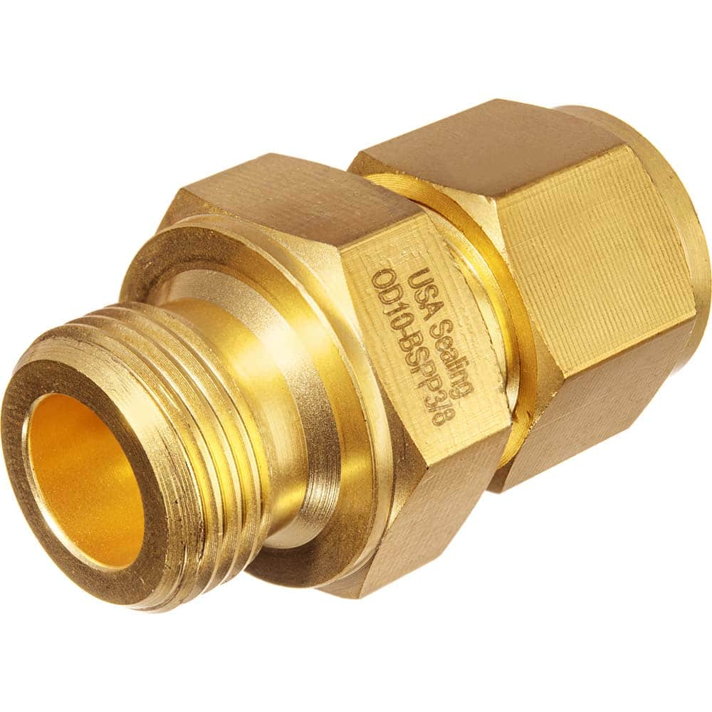 USA Sealing - Metal Compression Tube Fittings; Type: Male Straight Fitting ; End Connections: Tube OD x Male BSPP ; Tube Outside Diameter (mm): 12 ; Thread Size: 1/2 ; Material: Brass ; Compression Style: Double Ferrule - Exact Industrial Supply