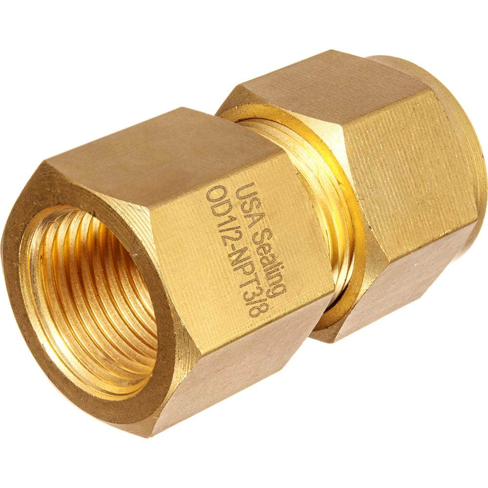 USA Sealing - Metal Compression Tube Fittings; Type: Female Straight Fitting ; End Connections: Tube OD x Male BSPP ; Tube Outside Diameter (Inch): 3/8 ; Thread Size: 3/8 ; Material: Brass ; Compression Style: Double Ferrule - Exact Industrial Supply