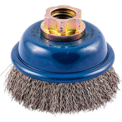 Cup Brush: 3″ Dia, 0.014″ Wire Dia, Stainless Steel, Crimped 5/8-11 Arbor Hole, 7/8″ Trim Length, 9,000 Max RPM