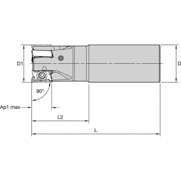 Kennametal - 1" Cut Diam, 15.5mm Max Depth of Cut, 1" Shank Diam, 254mm OAL, Indexable Square Shoulder End Mill - LNGU15T608SRGE Inserts, Cylindrical Shank, 0° Lead Angle, Through Coolant, Series MILL 4-15 - Caliber Tooling