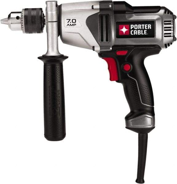 Porter-Cable - 1/2" Keyed Chuck, 800 RPM, Pistol Grip Handle Electric Drill - 7 Amps, 120 Volts, Reversible, Includes Side Handle & Chuck Key with Holder - Caliber Tooling