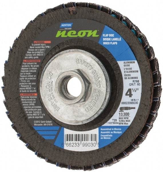 Norton - 60 Grit, 4-1/2" Disc Diam, 5/8-11 Center Hole, Type 29 Ceramic Alumina Flap Disc - 13,300 Max RPM, Polyester Backing, Arbor Attaching System, Coated - Caliber Tooling