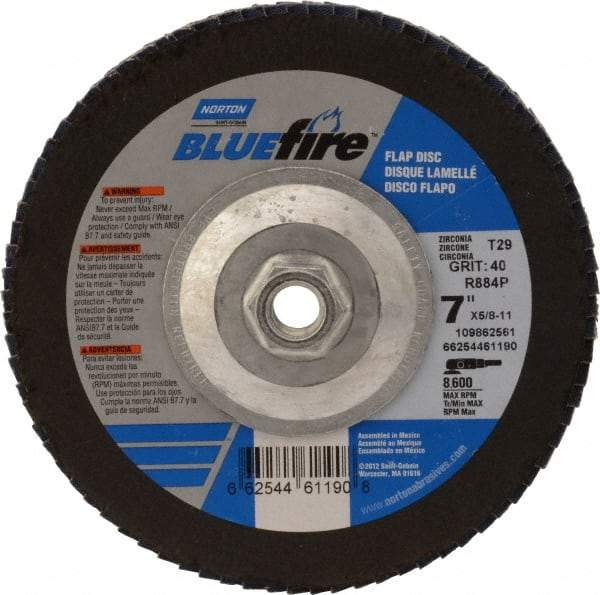 Norton - 40 Grit, 7" Disc Diam, 5/8-11 Center Hole, Type 29 Zirconia Alumina Flap Disc - 8,600 Max RPM, Cloth Backing, Arbor Attaching System, Coated - Caliber Tooling