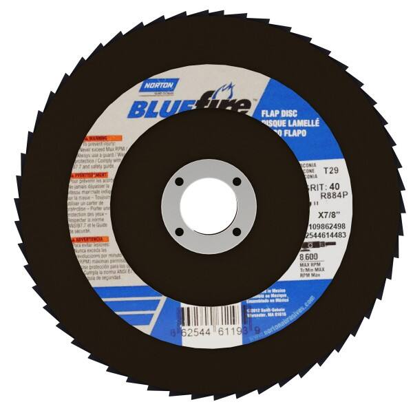 Norton - 40 Grit, 7" Disc Diam, 7/8" Center Hole, Type 29 Zirconia Alumina Flap Disc - 8,600 Max RPM, Cloth Backing, Arbor Attaching System, Coated - Caliber Tooling