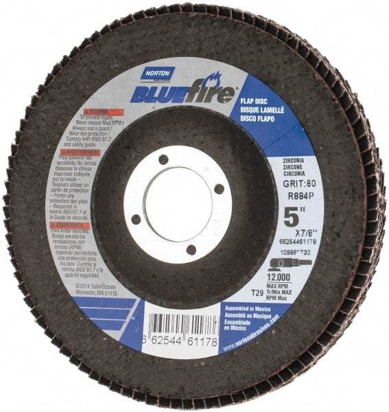 Norton - 80 Grit, 5" Disc Diam, 7/8" Center Hole, Type 29 Zirconia Alumina Flap Disc - 12,000 Max RPM, Cloth Backing, Arbor Attaching System, Coated - Caliber Tooling