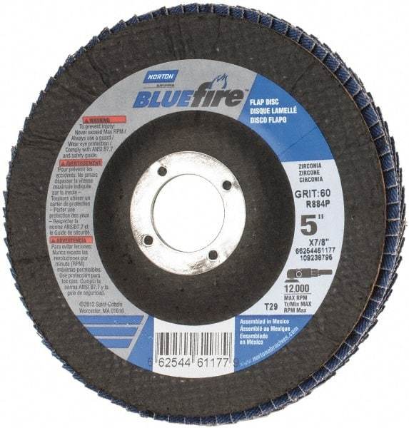 Norton - 60 Grit, 5" Disc Diam, 7/8" Center Hole, Type 29 Zirconia Alumina Flap Disc - 12,000 Max RPM, Cloth Backing, Arbor Attaching System, Coated - Caliber Tooling