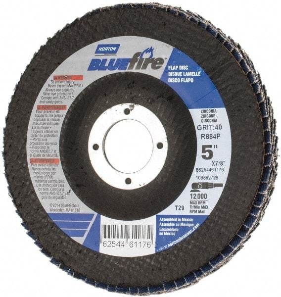 Norton - 40 Grit, 5" Disc Diam, 7/8" Center Hole, Type 29 Zirconia Alumina Flap Disc - 12,000 Max RPM, Cloth Backing, Arbor Attaching System, Coated - Caliber Tooling