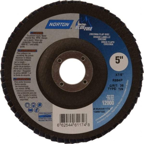 Norton - 36 Grit, 5" Disc Diam, 7/8" Center Hole, Type 29 Zirconia Alumina Flap Disc - 12,000 Max RPM, Cloth Backing, Arbor Attaching System, Coated - Caliber Tooling