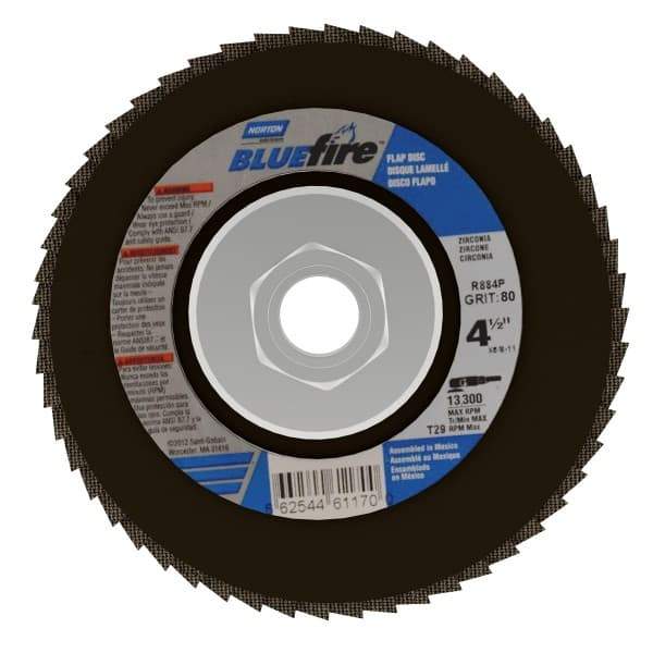 Norton - 80 Grit, 4-1/2" Disc Diam, 5/8-11 Center Hole, Type 29 Zirconia Alumina Flap Disc - 13,300 Max RPM, Cloth Backing, Arbor Attaching System, Coated - Caliber Tooling