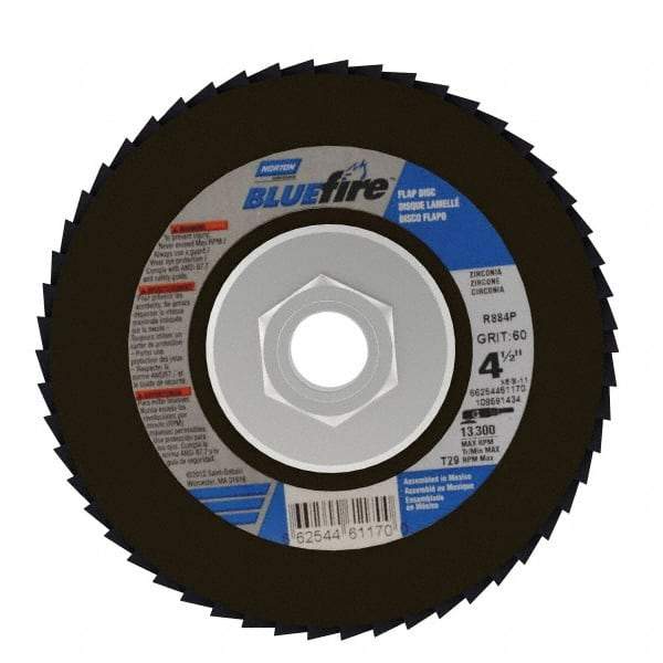 Norton - 60 Grit, 4-1/2" Disc Diam, 5/8-11 Center Hole, Type 29 Zirconia Alumina Flap Disc - 13,300 Max RPM, Cloth Backing, Arbor Attaching System, Coated - Caliber Tooling