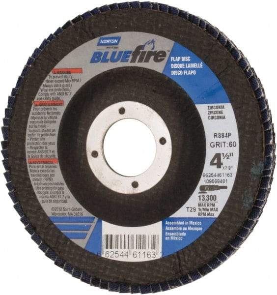 Norton - 60 Grit, 4-1/2" Disc Diam, 7/8" Center Hole, Type 29 Zirconia Alumina Flap Disc - 13,300 Max RPM, Cloth Backing, Arbor Attaching System, Coated - Caliber Tooling