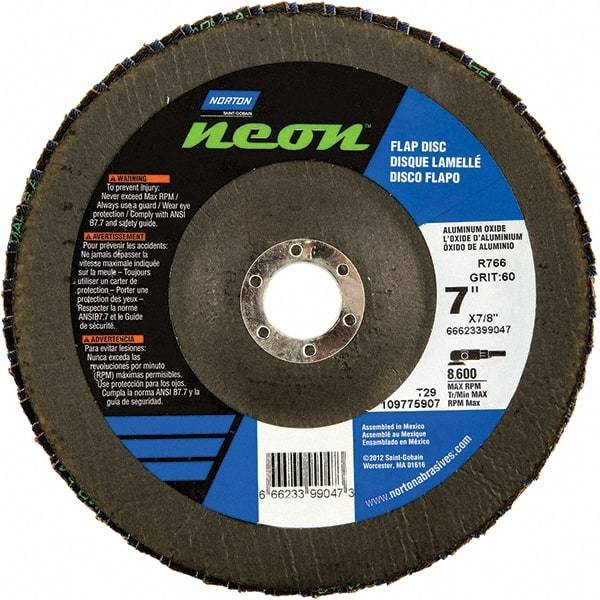 Norton - 120 Grit, 7" Disc Diam, 7/8" Center Hole, Type 29 Ceramic Alumina Flap Disc - 8,600 Max RPM, Polyester Backing, Arbor Attaching System, Coated - Caliber Tooling