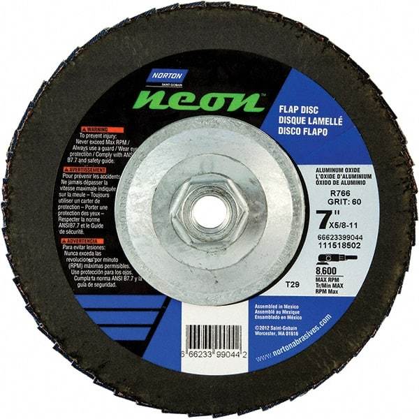 Norton - 120 Grit, 7" Disc Diam, 5/8-11 Center Hole, Type 29 Ceramic Alumina Flap Disc - 8,600 Max RPM, Polyester Backing, Arbor Attaching System, Coated - Caliber Tooling