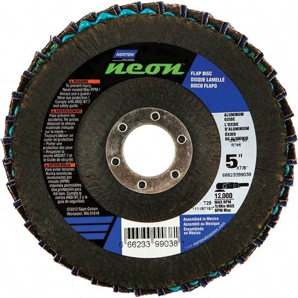 Norton - 120 Grit, 5" Disc Diam, 7/8" Center Hole, Type 29 Ceramic Alumina Flap Disc - 12,000 Max RPM, Polyester Backing, Arbor Attaching System, Coated - Caliber Tooling