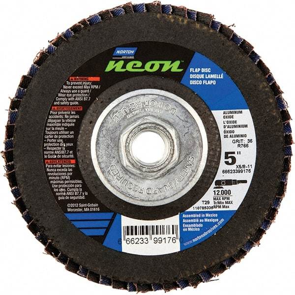 Norton - 120 Grit, 5" Disc Diam, 5/8-11 Center Hole, Type 29 Ceramic Alumina Flap Disc - 12,000 Max RPM, Polyester Backing, Arbor Attaching System, Coated - Caliber Tooling