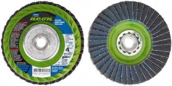 Norton - 120 Grit, 4-1/2" Disc Diam, 7/8" Center Hole, Type 29 Ceramic Alumina Flap Disc - 13,300 Max RPM, Polyester Backing, Arbor Attaching System, Coated - Caliber Tooling