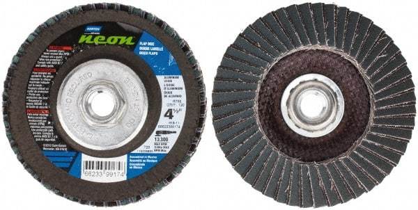 Norton - 120 Grit, 4-1/2" Disc Diam, 5/8-11 Center Hole, Type 29 Ceramic Alumina Flap Disc - 13,300 Max RPM, Polyester Backing, Arbor Attaching System, Coated - Caliber Tooling