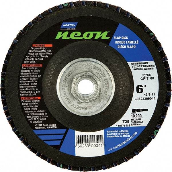 Norton - 60 Grit, 6" Disc Diam, 5/8-11 Center Hole, Type 29 Ceramic Alumina Flap Disc - 10,200 Max RPM, Polyester Backing, Arbor Attaching System, Coated - Caliber Tooling