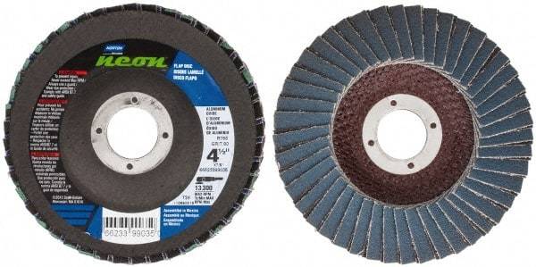 Norton - 80 Grit, 4-1/2" Disc Diam, 7/8" Center Hole, Type 29 Ceramic Alumina Flap Disc - 13,300 Max RPM, Polyester Backing, Arbor Attaching System, Coated - Caliber Tooling