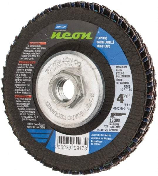 Norton - 80 Grit, 4-1/2" Disc Diam, 5/8-11 Center Hole, Type 29 Ceramic Alumina Flap Disc - 13,300 Max RPM, Polyester Backing, Arbor Attaching System, Coated - Caliber Tooling