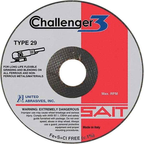 Sait - 4-1/2" Wheel Diam, 1/8" Wheel Thickness, 7/8" Arbor Hole, Type 29 Depressed Center Wheel - Coarse Grade, Aluminum Oxide/Silicon Carbide Blend, 13,280 Max RPM - Caliber Tooling