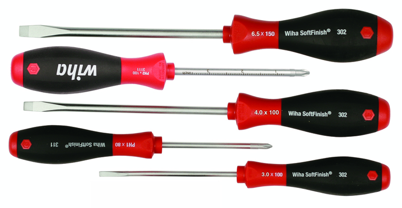 5 Piece - SoftFinish® Cushion Grip Screwdriver Set - #30295 - Includes: Slotted 3.0 - 6.5mm Phillips #1 - 2 - Caliber Tooling