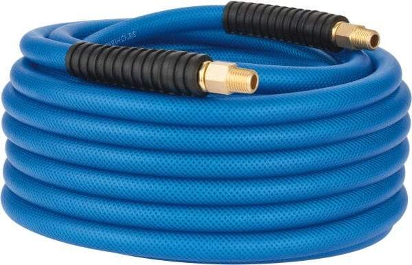 PRO-SOURCE - 3/8" ID x 0.6102" OD 50' Long Multipurpose Air Hose - MNPT(Swivel) x MNPT(Swivel) Ends, 300 Working psi, -40 to 176°F, 1/4" Fitting, Transparent Blue - Caliber Tooling