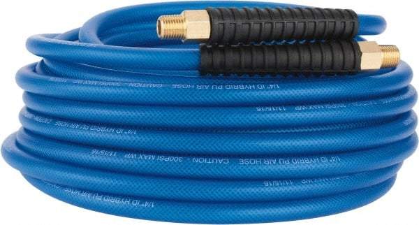 PRO-SOURCE - 1/4" ID x 0.4331" OD 50' Long Multipurpose Air Hose - MNPT(Swivel) x MNPT(Swivel) Ends, 300 Working psi, -40 to 176°F, 1/4" Fitting, Transparent Blue - Caliber Tooling