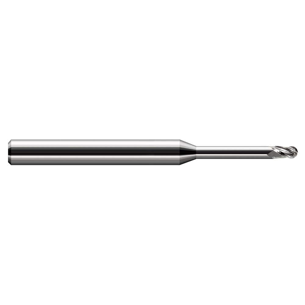 Ball End Mill: 0.015″ Dia, 0.022″ LOC, 3 Flute, Solid Carbide 2-1/2″ OAL, 1/8″ Shank Dia, 30 ° Helix, Uncoated, Single End