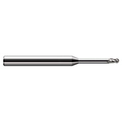 Ball End Mill: 0.02″ Dia, 0.03″ LOC, 4 Flute, Solid Carbide 2-1/2″ OAL, 1/8″ Shank Dia, 30 ° Helix, Uncoated, Single End