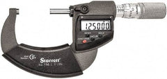 Starrett - 1 to 2" Range, Standard Throat IP67 Electronic Outside Micrometer - Friction Thimble, Carbide Face, CR2032 Battery - Caliber Tooling