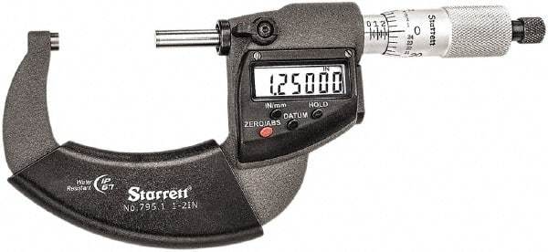 Starrett - 1 to 2" Range, Standard Throat IP67 Electronic Outside Micrometer - Ratchet Stop Thimble, Carbide Face, CR2032 Battery - Caliber Tooling