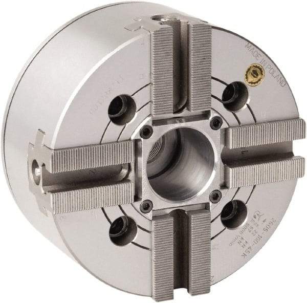 Bison - 4 Jaw, 8.26" Chuck Diam, Plain Back Mount, 52mm Through Hole Diam, Drawtube Hydraulic Power Lathe Chuck - 1.5mm x 60° Serrated Jaw Interface, 0.6299 to 7.874" Jaw Capacity, 4,300 RPM, High Speed Steel Body - Caliber Tooling