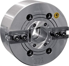 Bison - 2 Jaw, 6.65" Chuck Diam, Plain Back Mount, 45mm Through Hole Diam, Drawtube Hydraulic Power Lathe Chuck - 1.5mm x 60° Serrated Jaw Interface, 0.5905 to 6.7716" Jaw Capacity, 6,000 RPM, High Speed Steel Body - Caliber Tooling