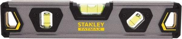 Stanley - 9" Long 3 Vial Torpedo Level - Aluminum, Black/Silver/Yellow, 1 45°, 1 Level & 1 Plumb Vials - Caliber Tooling