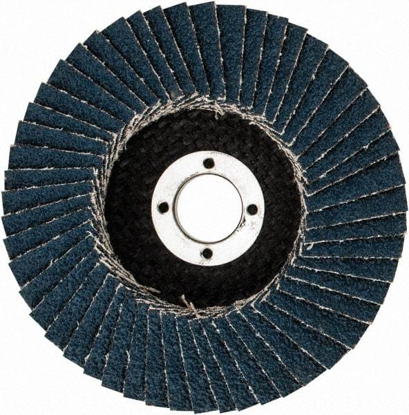 3M - 40 Grit, 4" Disc Diam, 5/8" Center Hole, Type 29 Zirconia Alumina Flap Disc - 13,300 Max RPM, Cloth Backing, Arbor Attaching System, Coated - Caliber Tooling