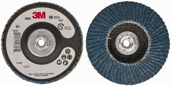 3M - 60 Grit, 4" Disc Diam, 3/8-24 Center Hole, Type 29 Zirconia Alumina Flap Disc - 13,300 Max RPM, Cloth Backing, Arbor Attaching System, Coated - Caliber Tooling